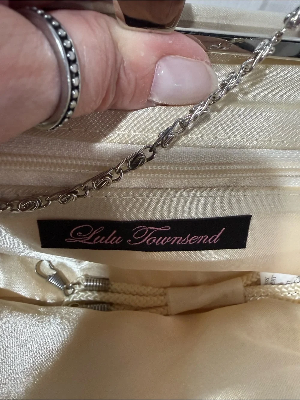 Lulu Townsend Elegant Cream Ruched Evening Clutch with Chain Strap